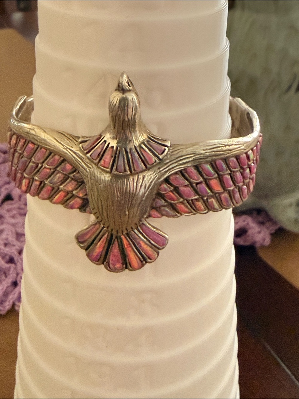 Beautiful Iridescent inlay set in a .925 SS Eagle Cuff